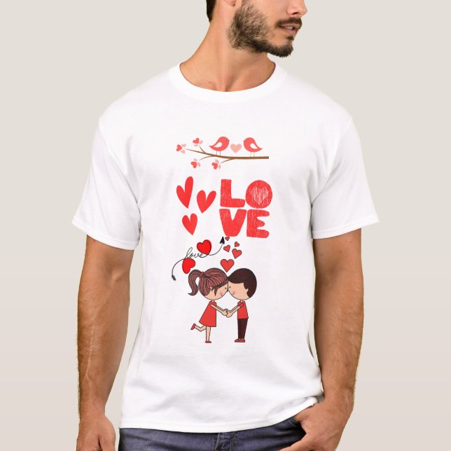 Cute Love Couple Illustration with Hearts T Shirt (Framsida)