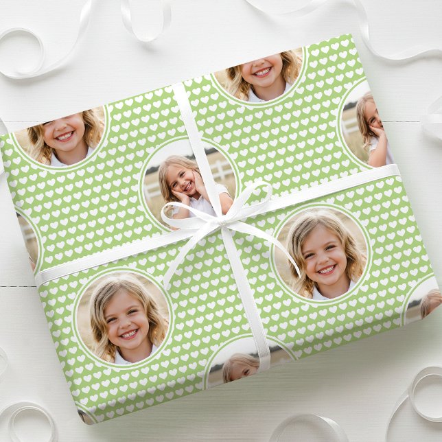 Cute Love Heart 2 Photo Pretty Green Pattern Presentpapper (Skapare uppladdad)