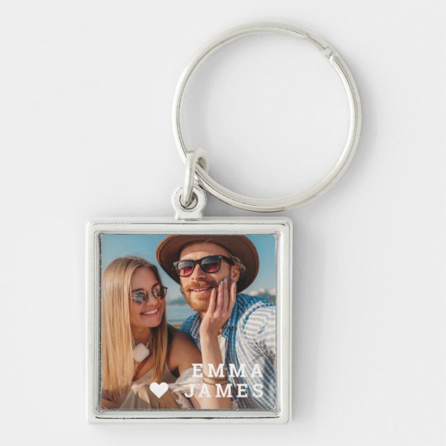 Cute Love Heart Photo Couples Personalized Names Fyrkantig Silverfärgad Nyckelring (Framsidan)