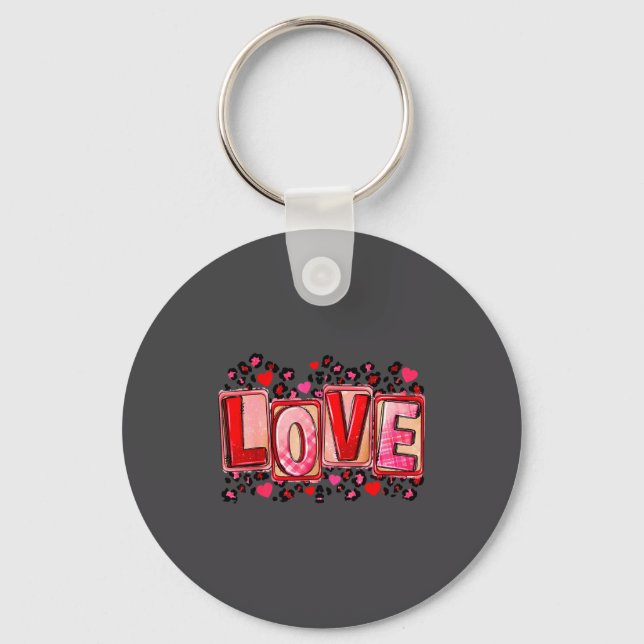 Cute Love Lettering Leopard Day Pink Valentine s Nyckelring (Framsida)