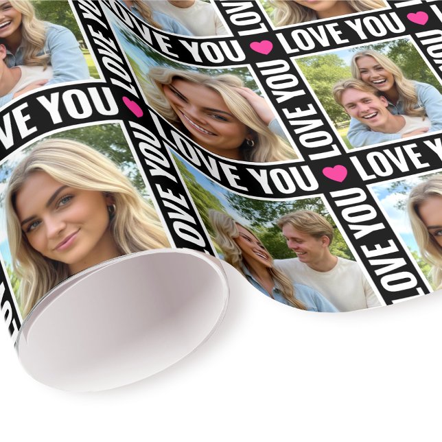 Cute Love You 4 Photo Collage Heart Modern Black Presentpapper (Skapare uppladdad)