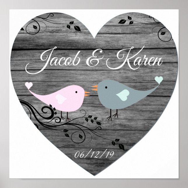 Cute Lovebird Faux Wooden Heart Poster (Framsidan)
