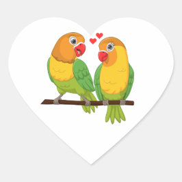 Cute Lovebird Gult Grönt Love birds Bröllop Hjärtformat Klistermärke
