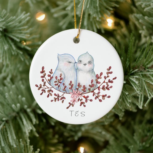 Cute Lovebirds Couples First Christmas Together Julgransprydnad Keramik (Träd)