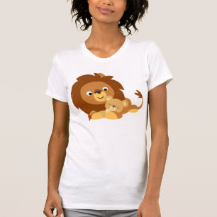 Cute Loving Tecknad Lejona Pappa och Unge Kvinnor T Shirt