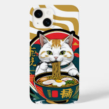 Cute Lucky Cat Eating Ramen Bowl Illustration
