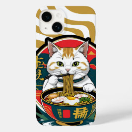 Cute Lucky Cat Eating Ramen Bowl Illustration