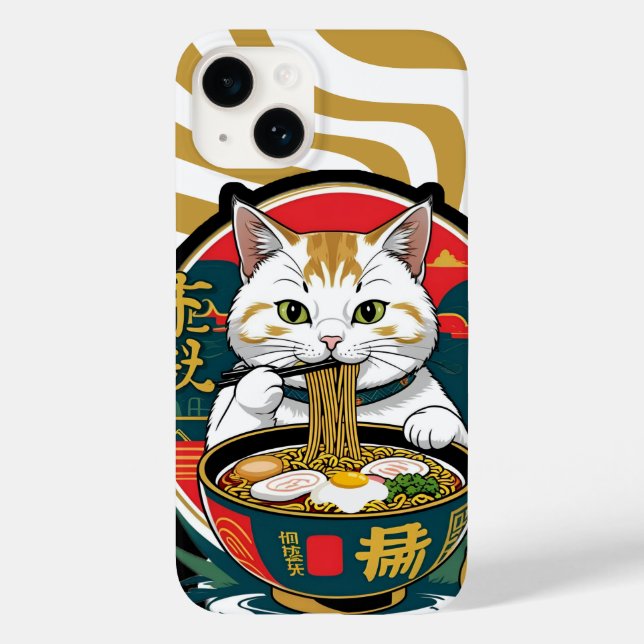 Cute Lucky Cat Eating Ramen Bowl Illustration (Baksida)