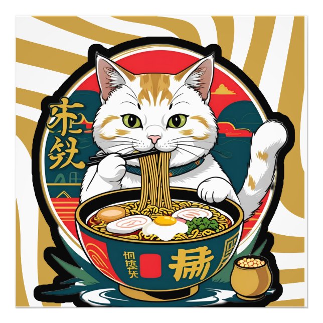Cute Lucky Cat Eating Ramen Bowl Illustration Fototryck (Framsidan)
