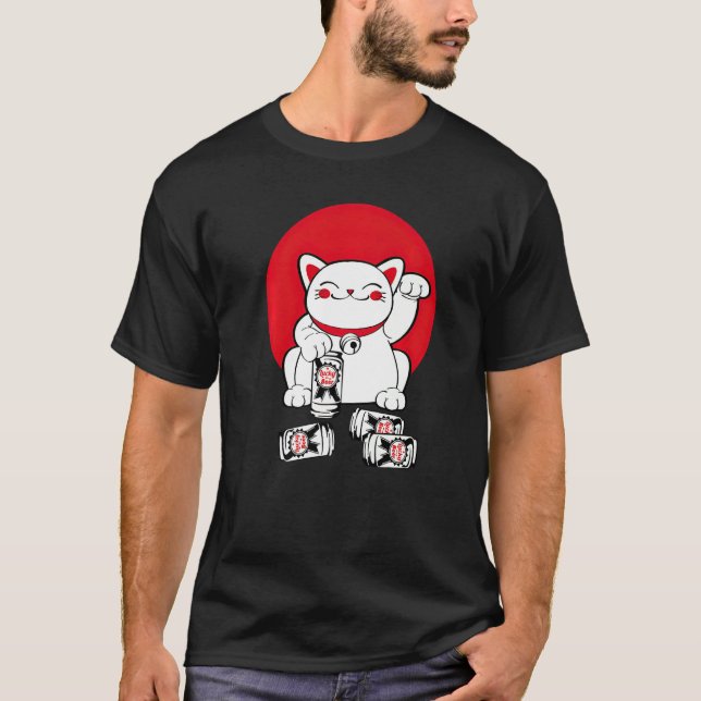 Cute Lucky Cat Maneki Neko Japansk Drink Tur Bee T Shirt (Framsida)
