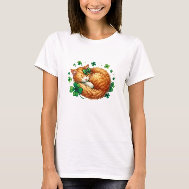 Cute Lucky Cat med Shamrocks - St. Patrick's Day T Shirt (Framsida)