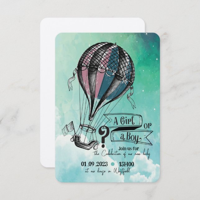 Cute Luftballong Gender Reveal Inbjudan (Fram/baksida)