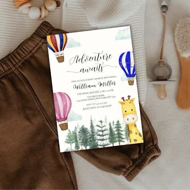 Cute Luftballong Jungle Giraffe Baby Shower Inbjudningar (Cute Hot Air Balloon Jungle Giraffe Baby Shower Invitation)