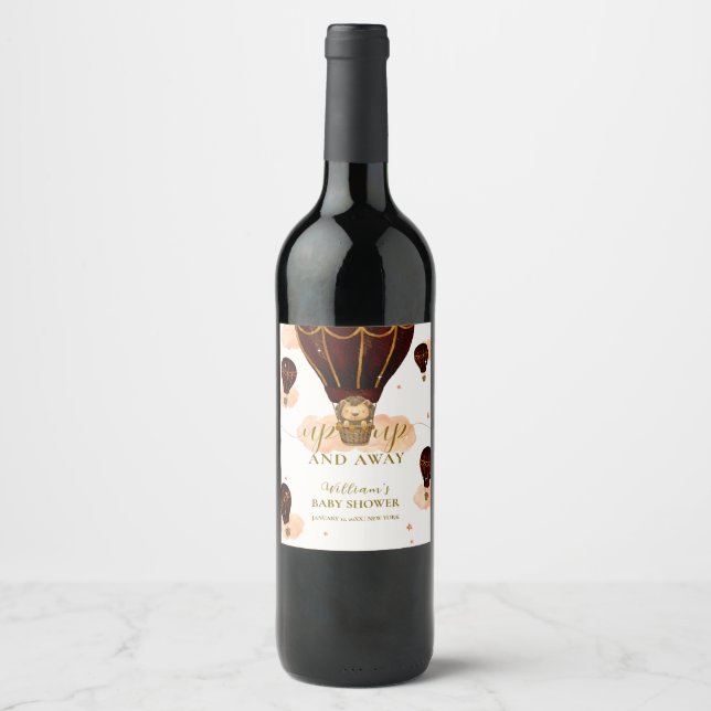 Cute Luftballong Jungle Lejon Boy Shower Vinflaska Etikett (Framsida)