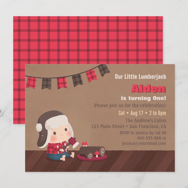 Cute Lumberjack Baby, första födelsedagsinbjudan Inbjudningar (Fram/baksida)