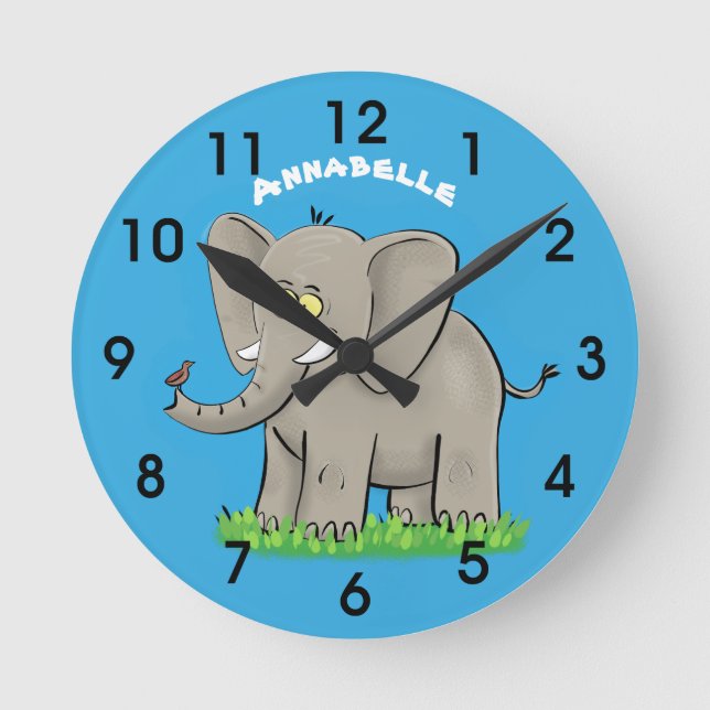 Cute lustig elefant med fågel på skräppost tecknad rund klocka (Framsida)