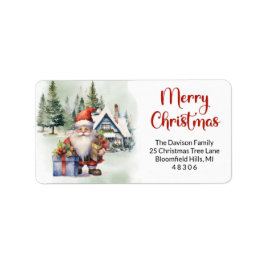 Cute lustig gnome i vinterbyn med gåvor adressetikett