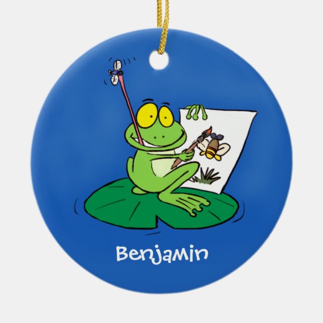 Cute lustig grönt groda tecknad illustration julgransprydnad keramik (Framsidan)