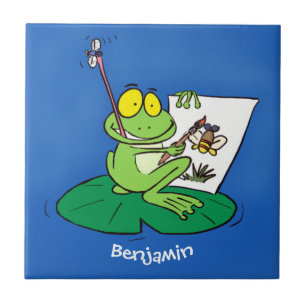 Cute lustig grönt groda tecknad illustration kakelplatta