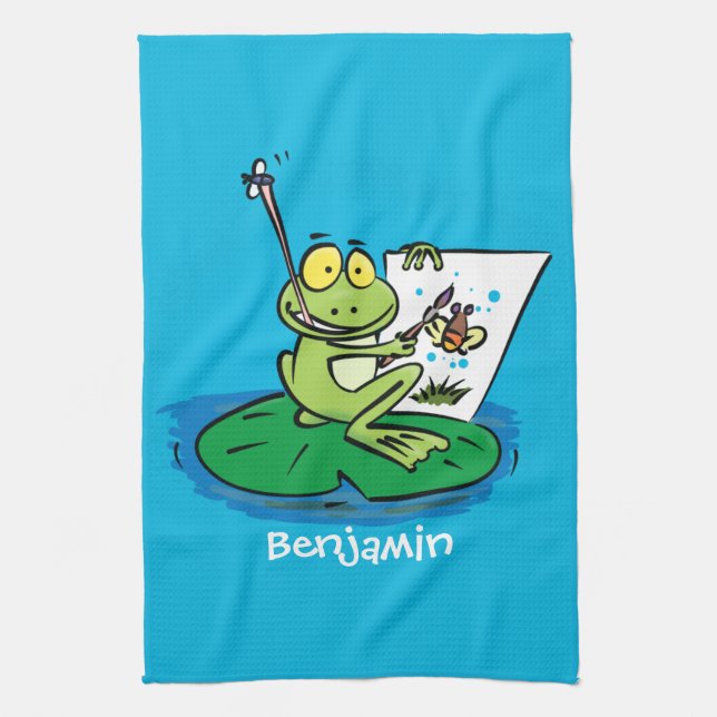 Cute lustig grönt groda tecknad illustration kökshandduk (Vertikal)