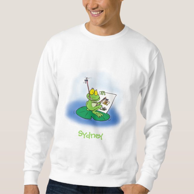 Cute lustig grönt groda tecknad illustration lång ärmad tröja (Framsida)