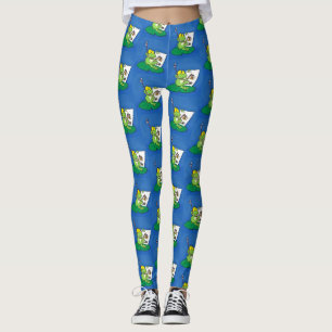 Cute lustig grönt groda tecknad illustration leggings