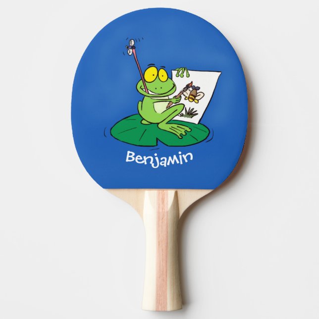Cute lustig grönt groda tecknad illustration pingisracket (Framsidan)