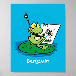 Cute lustig grönt groda tecknad illustration poster