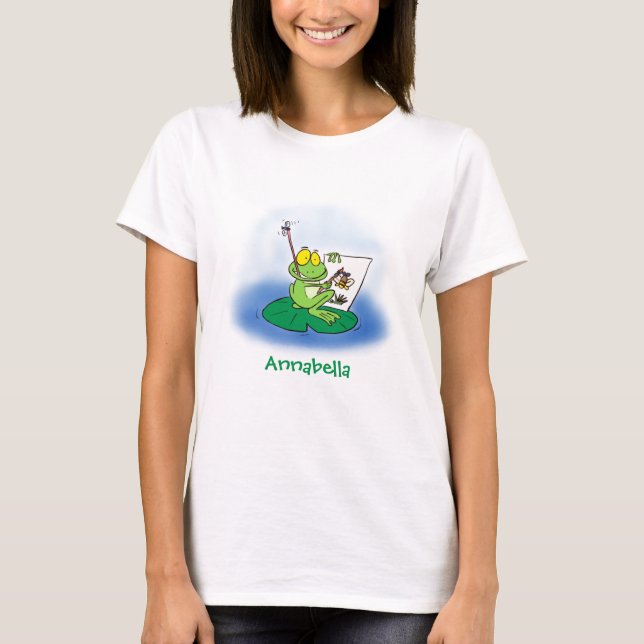 Cute lustig grönt groda tecknad illustration t shirt (Framsida)