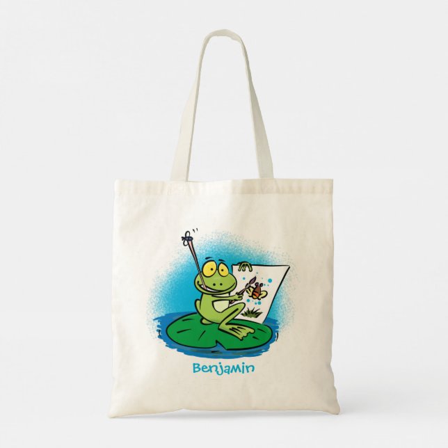Cute lustig grönt groda tecknad illustration tygkasse (Baksida)