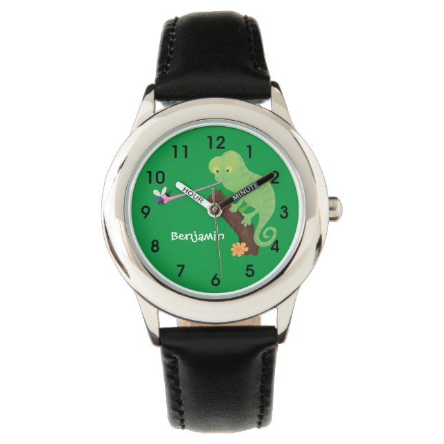 Cute lustig grönt lycklig chameleon-tecknad armbandsur (Framsida)
