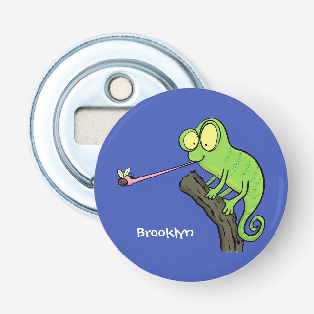 Cute lustig grönt lycklig chameleon-tecknad flasköppnare (Framsidan)