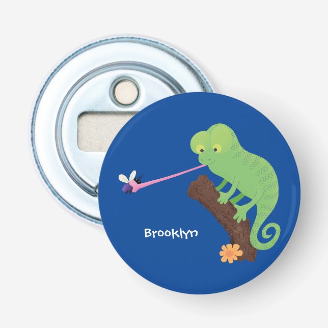 Cute lustig grönt lycklig chameleon-tecknad flasköppnare (Framsidan)