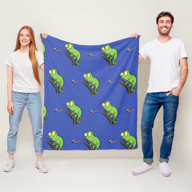 Cute lustig grönt lycklig chameleon-tecknad fleecefilt (På plats)