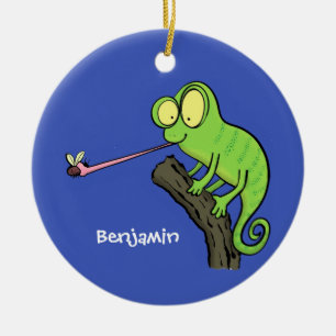 Cute lustig grönt lycklig chameleon-tecknad julgransprydnad keramik