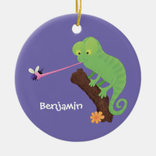 Cute lustig grönt lycklig chameleon-tecknad julgransprydnad keramik