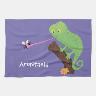 Cute lustig grönt lycklig chameleon-tecknad kökshandduk