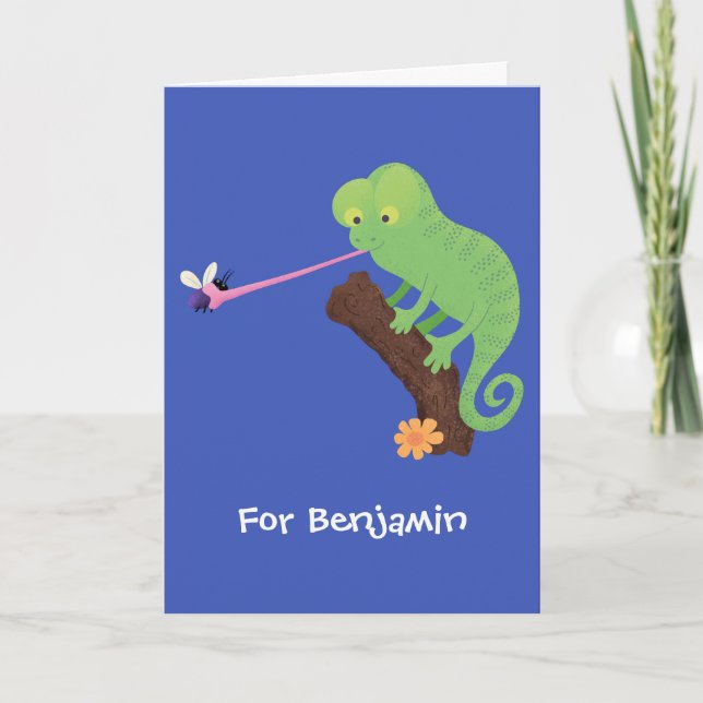 Cute lustig grönt lycklig chameleon-tecknad kort (Framsida)