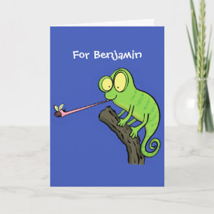 Cute lustig grönt lycklig chameleon-tecknad kort
