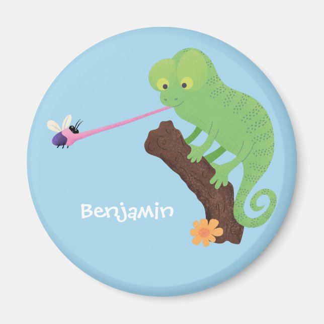 Cute lustig grönt lycklig chameleon-tecknad magnet (Framsidan)