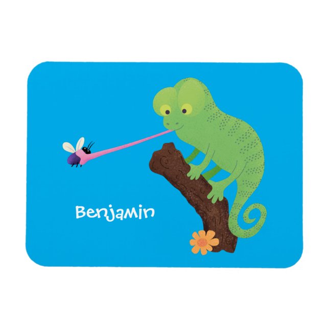 Cute lustig grönt lycklig chameleon-tecknad magnet (Horisontell)