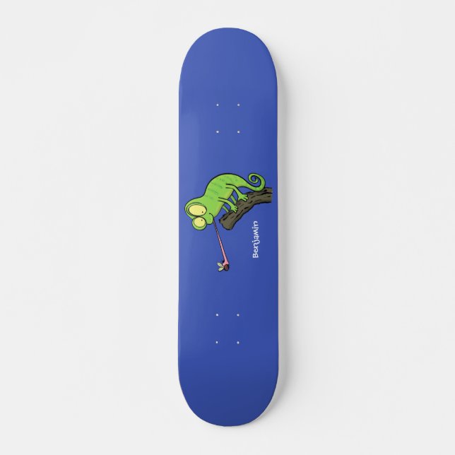 Cute lustig grönt lycklig chameleon-tecknad mini skateboard bräda 18,5 cm (Framsida)