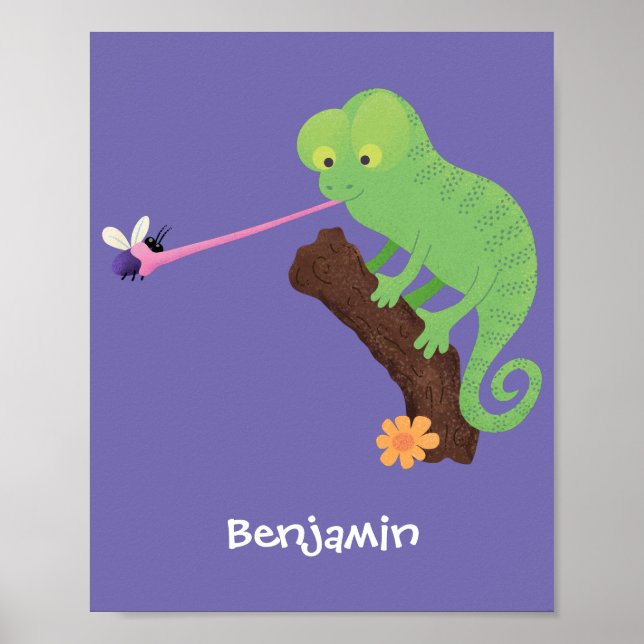 Cute lustig grönt lycklig chameleon-tecknad poster (Framsidan)