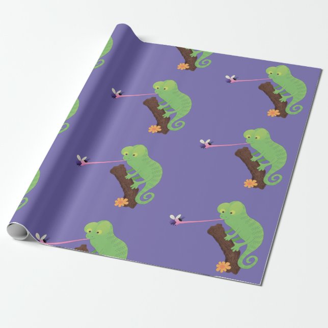 Cute lustig grönt lycklig chameleon-tecknad presentpapper (Utrullad)