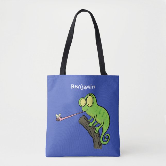 Cute lustig grönt lycklig chameleon-tecknad tygkasse (Framsida)