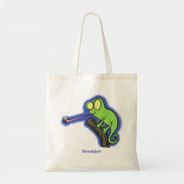 Cute lustig grönt lycklig chameleon-tecknad tygkasse (Framsidan)