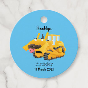 Cute lustig gult bulldozer tecknade figurer gåvor etiketter