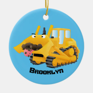 Cute lustig gult bulldozer tecknade figurer julgransprydnad keramik
