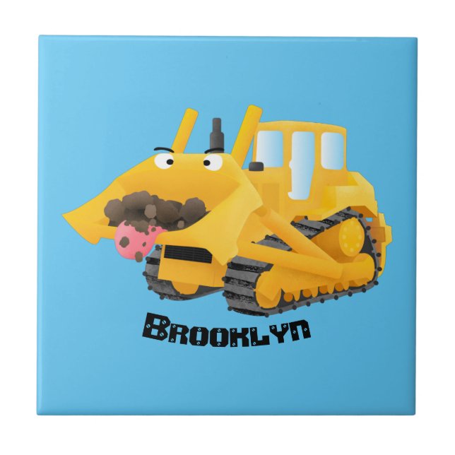 Cute lustig gult bulldozer tecknade figurer kakelplatta (Framsidan)