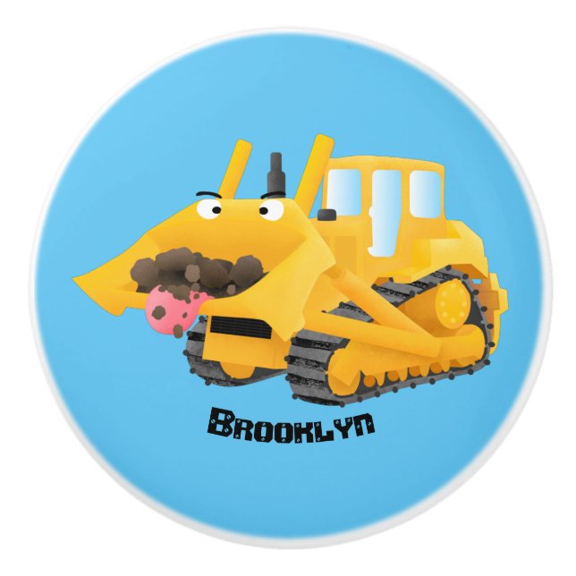 Cute lustig gult bulldozer tecknade figurer knopp (Framsidan)